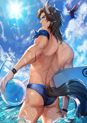  1boy absurdres animal_ears arknights ass ball bird blue_male_swimwear blue_sky brown_eyes brown_hair clenched_butt cow_boy cow_ears cow_horns eagle feet_out_of_frame from_behind from_below highres holding holding_surfboard horns looking_at_viewer looking_back male_focus male_swimwear matterhorn_(arknights) matterhorn_(beach_guard)_(arknights) official_alternate_costume shanguier sky solo surfboard thighs toned toned_male topless_male volleyball volleyball_(object) 