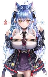  ahoge animal_ears blue_eyes blue_hair blush breasts cosplay female hair_ornament heart heart_ahoge highres hololive kasakai_hikaru large_breasts long_hair looking_at_viewer nakiri_ayame nakiri_ayame_(cosplay) nakiri_ayame_(streetwear) necktie official_alternate_hairstyle open_mouth pointy_ears simple_background skirt smile solo thighhighs virtual_youtuber yukihana_lamy 