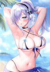  :o absurdres armpits arms_behind_head arms_up bare_arms bare_shoulders beach bikini black_choker blue_eyes blurry blush breasts choker cleavage criss-cross_halter depth_of_field female hair_over_one_eye hairband halterneck highres large_breasts long_hair looking_at_viewer mitsuba_choco navel open_mouth original outdoors ponytail sarong scan sidelocks sister-chan_(mitsuba_choco) skindentation solo stomach string_bikini swimsuit upper_body wet white_bikini white_hair 