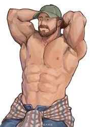  1boy abs armpits arms_behind_head bara baseball_cap beard blank_eyes brown_hair clothes_around_waist cowboy_shot denim facial_hair hat highres jacket jacket_around_waist jeans kuroshima_kurishiro_(muyi24108414) large_pectorals looking_to_the_side male_focus mature_male moustache muscular muscular_male nipples original pants pectorals short_hair sideburns solo stomach topless_male white_background 