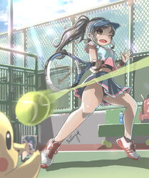  backpack bag ball bench black_hair black_panties bosstseng bottle breasts brown_eyes cellphone commentary_request female lens_flare medium_breasts miniskirt motion_blur one_eye_closed original panties pantyshot pervert phone pikachu pokemon pokemon_(creature) ponytail racket shadow shoes signature skirt smartphone sneakers taking_picture tennis_ball tennis_court tennis_racket underwear visor_cap water_bottle wristband 