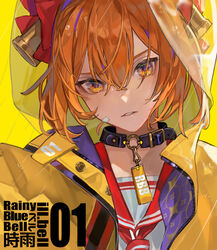  bad_id bad_pixiv_id bandaid bandaid_on_face bell bellko_(rbb) bow chyoel clothes_writing collar commentary copyright_name female hair_bell hair_between_eyes hair_ornament hairbow hood hood_up neckerchief o-ring orange_eyes orange_hair parted_lips photoshop_(medium) portrait rain raincoat rainybluebell red_neckerchief red_sailor_collar sailor_collar school_uniform see-through serafuku short_hair simple_background solo yellow_background yellow_raincoat yellow_theme 