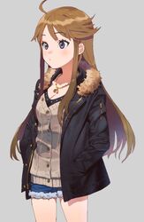  ahoge black_coat blush breasts brown_hair cardigan cleavage coat cowboy_shot cutoffs denim denim_shorts female from_side fur_trim grey_background hands_in_pockets idolmaster idolmaster_million_live! jewelry long_hair medium_breasts necklace oda_ya_ka purple_eyes shorts simple_background solo standing tokoro_megumi 