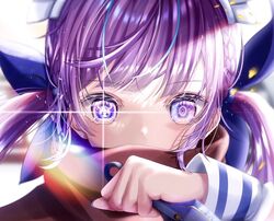  apex_legends blue_hair blue_ribbon covered_mouth eye_focus female glowing glowing_eye hair_ribbon holding holding_knife hololive hope&#039;s_dusk_(apex_legends) kasakai_hikaru knife kunai long_hair minato_aqua minato_aqua_(1st_costume) multicolored_hair purple_eyes purple_hair red_scarf ribbon scarf solo streaked_hair symbol_in_eye twintails virtual_youtuber weapon 