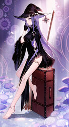  anklet bare_legs barefoot black_gloves breasts dress earrings eyebrows female gloves hat highres jewelry juexing_(moemoe3345) legs long_hair long_sleeves original parted_lips purple_eyes purple_hair sleeves_past_fingers sleeves_past_wrists solo standing wide_sleeves witch witch_hat 