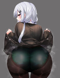  absurdres ass ass_focus black_pantyhose black_skirt black_sweater blush close-up clothes_lift commentary dress dress_lift female festa11307070 from_behind green_panties grey_background grey_hair hakase_fuyuki highres huge_ass lifting_own_clothes long_hair long_sleeves nijisanji panties panties_under_pantyhose pantyhose simple_background skirt skirt_lift solo standing steam sweater thighband_pantyhose twintails underwear virtual_youtuber 