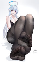  baige0 blue_archive blush bra breasts cleavage collarbone feet female foot_focus grey_hair halo highres lace-trimmed_bra lace_trim large_breasts long_hair looking_at_viewer mechanical_halo nail_polish no_shoes noa_(blue_archive) pantyhose purple_eyes sidelocks soles solo steam thighband_pantyhose toes underwear very_long_hair white_background 