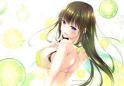  :d artist_name bare_shoulders bikini blue_eyes blush breasts brown_hair choco_chip commentary_request eyelashes female finger_to_mouth fingernails food from_behind fruit glint green_bikini half-closed_eyes highres large_breasts lemon lemon_slice long_hair looking_at_viewer looking_back mole mole_under_eye open_mouth original shoulder_blades sidelocks skindentation smile solo swimsuit underboob upper_body 