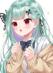  :o absurdres black_ribbon blue_bow blue_bowtie blush bow bowtie braid brown_jacket butterfly_hair_ornament collared_shirt colored_inner_hair commentary_request earrings female green_hair hair_behind_ear hair_ornament hair_ribbon heart heart_earrings highres hololive jacket jewelry karashi_(asarikarasi) long_hair long_sleeves looking_away multicolored_hair oerba_yun_fang official_alternate_costume official_alternate_hair_length official_alternate_hairstyle open_mouth purple_hair red_eyes ribbon shirt simple_background skin_fang sleeves_past_wrists solo sparkle upper_body uruha_rushia uruha_rushia_(school_uniform) virtual_youtuber white_background white_shirt 