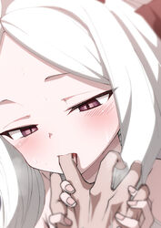  1boy ahoge black_horns blue_archive blush commentary female finger_sucking hand_grab highres hina_(blue_archive) hitotose_rin horns long_hair looking_at_hand pov pov_hands purple_eyes revision saliva solo_focus sweat symbol-only_commentary tongue tongue_out white_hair 