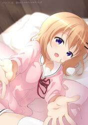  :d bed blurry blurry_background cardigan commentary dated depth_of_field female gochuumon_wa_usagi_desu_ka? hair_ornament hairclip highres hoto_cocoa hoto_cocoa&#039;s_school_uniform indoors light_brown_hair long_sleeves looking_at_viewer lying neck_ribbon neki_(wakiko) on_bed on_side open_mouth outstretched_arms pillow pink_cardigan pov_across_bed purple_eyes red_ribbon ribbon sailor_collar school_uniform serafuku skirt smile solo thighhighs twitter_username white_sailor_collar white_skirt white_thighhighs 