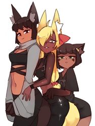  3girls animal_ears animal_hands anubis_(monster_girl_encyclopedia) bad_id bad_twitter_id cat_ears commentary crop_top dark-skinned_female dark_skin ears_down english_commentary fox_ears fox_tail green_eyes hair_over_one_eye hug hug_from_behind leaning_forward long_sleeves looking_at_viewer midriff monster_girl monster_girl_encyclopedia multiple_girls naked_shirt navel original parted_lips red_eyes rtil sanpaku second-party_source shirt shrug_(clothing) simple_background smile tail white_background wolf_ears wristband 