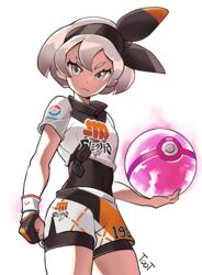  :&lt; artist_name bea_(pokemon) black_bodysuit black_gloves black_hairband bodysuit bodysuit_under_clothes bow clenched_hand collared_shirt commentary_request cowboy_shot dark-skinned_female dark_skin dynamax_ball female gloves glowing grey_eyes grey_hair hairband highres holding holding_poke_ball korean_commentary looking_at_viewer looking_down partially_fingerless_gloves poke_ball pokemon pokemon_swsh print_shirt print_shorts shadow shirt short_hair short_sleeves shorts simple_background single_glove solo tied_shirt toot two-tone_gloves white_background wristband 