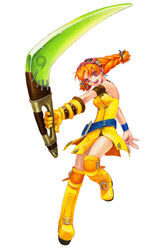  :d aika_(eternal_arcadia) armband belt belt_boots boomerang boots braid breasts dress earrings eternal_arcadia female flight_goggles full_body gloves goggles goggles_on_head highres holding holding_weapon hoshi_itsuki jewelry knee_boots looking_at_viewer medium_breasts non-web_source official_art open_mouth orange_hair photoshop_(medium) single_glove smile solo twin_braids weapon wristband yellow_dress 