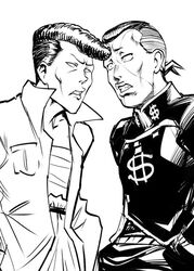  2boys crossover diamond_wa_kudakenai dollar_sign facial_mark gakuran greyscale jojo_no_kimyou_na_bouken kuwabara_kazuma male_focus monochrome multiple_boys nijimura_okuyasu pompadour school_uniform simple_background trait_connection ueyama_michirou white_background yu_yu_hakusho 