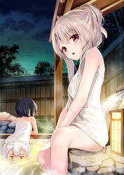  3girls ass back bare_shoulders bathing black_hair blush breasts brown_eyes chloe_von_einzbern commentary_request dark-skinned_female dark_skin fate/kaleid_liner_prisma_illya fate_(series) hair_between_eyes hair_bun illyasviel_von_einzbern lantern long_hair looking_at_viewer looking_back miyu_edelfelt multiple_girls naked_towel night night_sky onsen orange_eyes pink_hair red_eyes rock same-sex_bathing shared_bathing sidelocks single_hair_bun sitting sky small_breasts steam thighs towel water white_hair yan_(nicknikg) 