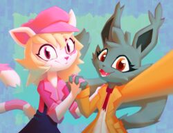  absurd_res alice_(floraverse) anthro beleth_(floraverse) blonde_hair clothing domestic_cat dress duo eyelashes felid feline felis female floraverse fur green_body green_fur hair hand_holding hi_res mammal senaelik white_beleth_(floraverse) white_body white_fur 