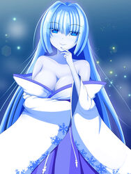  bare_shoulders blue_eyes blue_hair blue_skin blurry blurry_background breasts cleavage colored_skin female hand_up long_hair looking_at_viewer monster_girl original outdoors pale_skin rethnick snowflake_print solo standing yuki_onna 