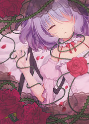  alternate_costume bat_wings beni_kurage blush bow breasts cleavage closed_eyes closed_mouth collarbone commentary dress eyelashes female fingernails flower frilled_sleeves frills highres lace_trim light_purple_hair long_sleeves lying no_headwear on_back petals pink_dress plant pointy_ears red_flower red_rose remilia_scarlet rose rose_petals short_hair sidelocks sleeping small_breasts solo tears thorns touhou unworn_headwear vines wings 