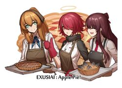  3girls apple_pie apron aqua_eyes arknights bad_id bad_twitter_id brown_hair catchphrase character_name cheogtanbyeong closed_eyes cooking energy_wings english_text exusiai_(arknights) eyes_visible_through_hair fish food girls&#039;_frontline halo highres korean_commentary mittens multiple_girls pie purple_hair red_hair smile sparkle springfield_(girls&#039;_frontline) stargazy_pie tongs tray wa2000_(girls&#039;_frontline) 