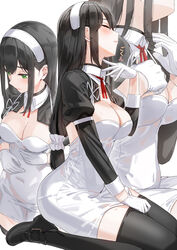  black_hair black_jacket blush breasts cleavage commentary commentary_request cropped_jacket detached_collar dress female gloves gokkun green_eyes hairband highres implied_after_fellatio jacket juliet_sleeves kfr large_breasts long_hair long_sleeves maid multiple_views original puffy_sleeves short_dress shrug_(clothing) swallowing thighs white_dress white_gloves 