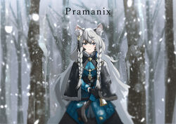  absurdres animal_ears arknights bare_tree bead_necklace beads black_capelet black_gloves black_hair black_skirt blue_jacket blurry blush braid breasts capelet character_name closed_mouth commentary cowboy_shot depth_of_field female gloves grey_eyes grey_hair hair_between_eyes highres jacket jewelry leopard_ears long_hair looking_at_viewer medium_breasts multicolored_hair necklace official_alternate_costume outdoors pramanix_(arknights) pramanix_(caster&#039;s_frost)_(arknights) reesen side_braids skirt snowing solo strap streaked_hair tree twin_braids two-tone_hair very_long_hair 