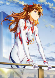  absurdres against_railing blue_eyes blue_sky bodysuit breasts cloud commentary_request evangelion:_3.0+1.0_thrice_upon_a_time eyepatch female from_side highres interface_headset kiyohisa long_hair medium_breasts multicolored_bodysuit multicolored_clothes neon_genesis_evangelion outdoors pilot_suit plugsuit railing rebuild_of_evangelion red_bodysuit red_hair sky smile solo souryuu_asuka_langley white_bodysuit 