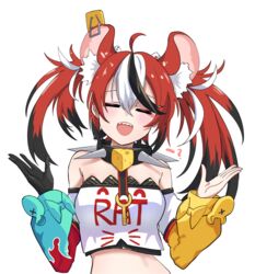  animal_ears bare_shoulders black_gloves closed_eyes collar crop_top dice_hair_ornament female gloves hair_ornament hakos_baelz hakos_baelz_(1st_costume) hands_up highres hololive hololive_english inapple looking_at_viewer midriff mouse_ears mouse_girl off-shoulder_shirt off_shoulder open_mouth shirt single_glove solo spiked_collar spikes strapless strapless_shirt umamusume umapyoi_densetsu virtual_youtuber 