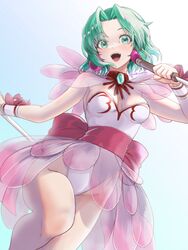  :d armpits back_bow bare_arms bare_legs blue_background bow breasts choker cowboy_shot curtained_hair dagger dancer dot_nose dual_wielding earrings ellis_(toushinden) female green_eyes green_hair highres holding holding_dagger holding_knife holding_weapon ivuki jewelry knife leotard looking_at_viewer medium_breasts open_mouth parted_bangs pink_bow red_choker reverse_grip see-through short_hair simple_background smile solo standing standing_on_one_leg thighs toushinden twitter_username weapon white_leotard white_wrist_cuffs wrist_bow wrist_cuffs 