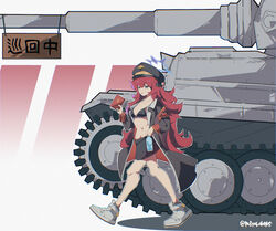  abs armband black_bra black_jacket blue_archive bottle bra commentary english_commentary female grey_eyes halo hat highres holding holding_bottle iroha_(blue_archive) jacket long_hair long_sleeves military military_uniform military_vehicle motor_vehicle peaked_cap postalworks red_hair tank translation_request twitter_username underwear uniform water_bottle wavy_hair 