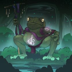  1:1 2023 3_toes amphibian anthro bottomwear clothing crouching dakkawoof feet frog green_body green_skin hi_res loincloth male overweight overweight_male solo toad_(frog) toes yellow_eyes 