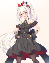  absurdres animal_ear_fluff animal_ears azur_lane bare_shoulders bell black_dress blue_eyes blush bow breasts brown_background brown_pantyhose cat_ears commentary_request dress fake_animal_ears female fishnet_gloves fishnets frills gloves gradient_background hair_between_eyes hairband hairbow hammann_(azur_lane) hammann_(prideful_fairy_of_the_ballroom)_(azur_lane) hands_on_own_hips headband high_ponytail highres jingle_bell long_hair looking_at_viewer nakazawa_aki neck_bell oerba_yun_fang open_mouth pantyhose pleated_dress ponytail ribbon sidelocks skin_fang sleeveless sleeveless_dress small_breasts solo two-sided_fabric two-sided_skirt two-tone_dress very_long_hair wavy_mouth white_background white_hair 