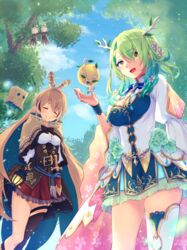  2girls :d =_= antlers aonikuro arms_behind_back asymmetrical_legwear blush braid braided_bangs brown_hair ceres_fauna ceres_fauna_(1st_costume) closed_mouth feet_out_of_frame friend_(nanashi_mumei) green_hair highres hololive hololive_english horns looking_at_viewer multiple_girls nanashi_mumei nanashi_mumei_(1st_costume) open_mouth single_braid smile uneven_legwear virtual_youtuber 