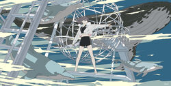  barefoot blue_eyes blue_theme dolphin female flat_color grey_hair highres humpback_whale jacket ladder looking_to_the_side original outstretched_arm partially_colored seraphitalg shorts signature solo surreal whale 