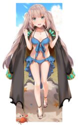  absurdres arm_strap beach bikini black_jacket blue_bikini blue_eyes blue_sky borrowed_clothes breasts bridal_gauntlets brown_footwear collarbone crab dot_nose fate/grand_order fate_(series) female flower footwear_flower front-tie_bikini_top front-tie_top full_body grey_hair halterneck hands_up highres jacket jacket_on_shoulders jewelry light_blush light_rays lily_(flower) long_hair looking_at_viewer marie_antoinette_(fate) marie_antoinette_(swimsuit_caster)_(fate) marie_antoinette_(swimsuit_caster)_(third_ascension)_(fate) navel necklace open_mouth outdoors pearl_necklace phi_luna sand sandals seashell shell sky sleeve_cuffs small_breasts smile solo standing starfish sunbeam sunlight swimsuit toes twintails two-sided_fabric two-sided_jacket walking white_bridal_gauntlets white_lily 