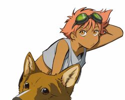  artist_request bike_shorts blush_stickers canine cowboy_bebop dark-skinned_female dark_skin edward_wong_hau_pepelu_tivrusky_iv ein_(cowboy_bebop) female flat_chest goggles goggles_on_head reverse_trap short_hair simple_background tank_top third-party_edit tomboy welsh_corgi white_background 