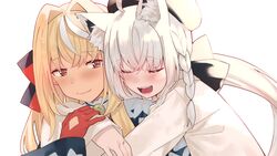  2girls absurdres ahoge animal_ear_fluff animal_ears beret blonde_hair blue_kimono blush bow braid closed_eyes closed_mouth commentary dress eyelashes fox_ears gloves hair_between_eyes hairbow hand_on_another&#039;s_arm hat highres hololive hug hug_from_behind japanese_clothes kimono lips long_hair looking_at_another looking_back multicolored_hair multiple_girls official_alternate_costume open_mouth ponytail red_eyes red_gloves shirakami_fubuki shirakami_fubuki_(street) shiranui_flare shiranui_flare_(new_year) side_braid simple_background streaked_hair tonarikeru two-tone_hair upper_body virtual_youtuber white_background white_dress white_hair white_headwear yuri 