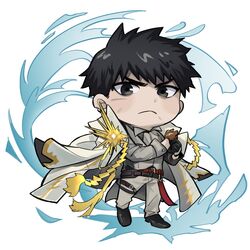  1boy adjusting_clothes adjusting_gloves alchemy_stars belt black_hair chibi coat coat_on_shoulders full_body gloves grey_eyes grey_jacket grey_pants highres jacket long_sleeves looking_at_viewer male_focus natsuno_(rhxztq) pale_skin pants pittman_(alchemy_stars) scar scar_on_cheek scar_on_face short_hair solo very_short_hair white_coat wind 