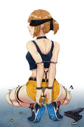  absurdres arms_behind_back blindfold blue_footwear bondage bondage bound breasts chains choker commission cuffs earrings female from_behind full_body girls&#039;_frontline grizzly_mkv_(girls&#039;_frontline) grizzly_mkv_(weekend_cop)_(girls&#039;_frontline) grizzly_win_mag gun hair_ornament hair_scrunchie handcuffs handgun highres jewelry lock looking_back official_alternate_costume padlock pick&#039;k restrained scrunchie second-party_source shell_casing short_hair short_ponytail short_shorts shorts skindentation socks squatting tank_top thigh_strap weapon yellow_shorts 