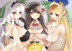  3girls alternate_costume azur_lane bare_shoulders bikini black_bra blonde_hair blue_eyes bra breasts brown_gloves brown_hair brown_necktie cleavage convenient_censoring fishnet_legwear fishnets frilled_hairband frills gloves graf_zeppelin_(azur_lane) hair_between_eyes hairband hiei_(azur_lane) highres horns lace-trimmed_bra lace_trim large_breasts laurel_crown long_hair looking_at_viewer maid_headdress manjuu_(azur_lane) multiple_girls necktie plant red_eyes senzen_(ikusamae) single_glove skindentation string_bikini sunglasses swimsuit thighhighs underwear very_long_hair victorious_(azur_lane) white_hair yellow_eyes 