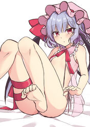  :/ bad_id bad_twitter_id barefoot bat_wings bed_sheet beni_kurage blush bow breasts commentary_request convenient_censoring eyelashes feet female fingernails frilled_shirt_collar frills hat hat_bow hat_ribbon highres knees leg_ribbon lingerie looking_at_viewer lying mob_cap negligee on_bed pink_hat purple_hair red_bow red_eyes red_ribbon remilia_scarlet ribbon see-through short_hair simple_background small_breasts soles solo thigh_ribbon thighs toe_scrunch toenails toes touhou underwear white_background wings 