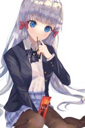  absurdres alternate_costume black_pantyhose blazer blue_eyes blunt_bangs bow bowtie commentary_request contemporary eating female genshin_impact grey_hair hair_ribbon hairbow highres index_finger_raised isuzu_(an_icy_cat) jacket kamisato_ayaka long_hair long_sleeves looking_at_viewer md5_mismatch mouth_hold pantyhose plaid plaid_skirt pocky_day pointing pointing_at_self ponytail ribbon school_uniform sidelocks simple_background sitting skirt solo tress_ribbon white_background 