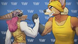  16:9 ailurid anthro bandana blonde_hair blue_eyes brown_body brown_fur clothing digital_media_(artwork) dra&#039;essa duo eyewear facial_hair female feretta feretta_(character) fur hair hi_res kerchief male mammal meeka_rose moustache muscular muscular_female muscular_male orange_body orange_fur pink_hair red_panda shaded sunglasses tan_body tan_fur white_body white_fur widescreen 