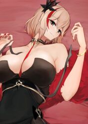  azur_lane bare_shoulders bed_sheet black_choker black_dress blonde_hair bracelet breasts brown_eyes choker cleavage collarbone commentary cowboy_shot dress evening_gown feather_boa female hair_between_eyes hair_ornament halter_dress halterneck hand_up highres jewelry large_breasts looking_at_viewer lying marshall_k multicolored_hair official_alternate_costume on_back parted_lips red_hair red_nails ring roon_(azur_lane) roon_(viridescent_lullaby)_(azur_lane) shadow short_hair sidelocks smile solo streaked_hair two-tone_hair 