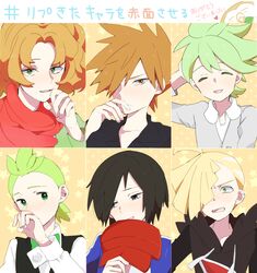  6+boys ahoge black_shirt blue_oak blush bow bowtie brown_eyes brown_hair burgh_(pokemon) calem_(pokemon) cardigan cilan_(pokemon) closed_eyes collared_shirt commentary_request ear_piercing gladion_(pokemon) green_bow green_bowtie green_eyes green_hair grey_cardigan hair_over_one_eye hand_up hat heart holding holding_clothes holding_hat long_sleeves looking_at_viewer looking_away male_focus misha_(ohds101) multiple_boys open_mouth parted_bangs piercing pokemon pokemon_bw pokemon_frlg pokemon_oras pokemon_sm pokemon_xy red_headwear shirt short_hair smile spiked_hair tongue traditional_bowtie translation_request unworn_hat unworn_headwear wally_(pokemon) white_shirt 