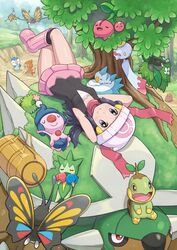  absurdres arms_behind_head bag beanie beautifly blue_hair cherubi chimchar chimecho commentary_request crossed_legs dawn_(pokemon) diglett female hat highres looking_at_viewer lying mime_jr. on_back pachirisu pink_footwear piplup pokemoa pokemon pokemon_(creature) pokemon_dppt roselia_(pokemon) scarf shaymin torterra turtwig wormadam wormadam_(plant) 