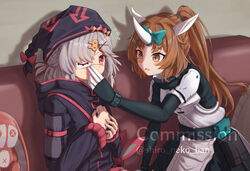  2girls animal_ears arknights black_gloves black_jacket black_shirt blue_bow bow braid brown_eyes brown_hair bubble_(arknights) commentary_request commission couch elbow_gloves eyepatch flying_sweatdrops gloves grey_hair hair_ornament hairbow hairclip horns jacket long_hair long_sleeves multiple_girls on_couch own_hands_together ponytail popukar_(arknights) puffy_short_sleeves puffy_sleeves rabbit_hair_ornament red_eyes shironekoban shirt short_sleeves single_horn sitting skeb_commission stuffed_animal stuffed_rabbit stuffed_toy twitter_username very_long_hair watermark x_hair_ornament 