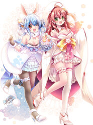  2girls ahoge alternate_costume animal_ears bare_shoulders bell black_gloves black_pantyhose blue_hair blush breasts bride carrot_hair_ornament cleavage commentary detached_collar detached_sleeves don-chan_(usada_pekora) double_bun dress earrings food-themed_hair_ornament garter_straps gloves green_eyes hair_bell hair_between_eyes hair_bun hair_ornament high_heels highres hololive japanese_clothes jewelry kimono leg_up long_hair looking_at_viewer medium_breasts multicolored_hair multiple_girls one_eye_closed open_mouth pantyhose petal_print pink_hair rabbit_ears rabbit_girl red_eyes sakura_miko sakurano_ru sidelocks signature sleeveless sleeveless_dress strapless strapless_dress symbol-shaped_pupils thick_eyebrows thighhighs two-tone_hair usada_pekora v_arms virtual_youtuber wataboushi wedding_dress white_dress white_hair white_legwear zettai_ryouiki 