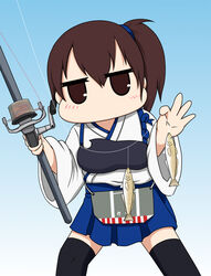  apron black_thighhighs blue_background blue_hakama brown_eyes brown_hair commentary_request cowboy_shot female fishing_line fishing_rod gradient_background hakama hakama_short_skirt hakama_skirt highres holding holding_fishing_rod japanese_clothes jitome kaga_(kancolle) kantai_collection long_hair looking_at_viewer muneate no_mouth side_ponytail skirt solo standing tasuki thighhighs yakuto007 