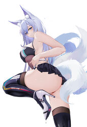  animal_ear_fluff animal_ears ass azur_lane baige0 bare_arms bare_shoulders black_thighhighs blue_eyes boots breasts closed_mouth dripping female fox_ears fox_tail hair_between_eyes high_heels highres kitsune large_breasts legs leotard looking_at_viewer looking_back miniskirt multiple_tails official_alternate_costume panties pleated_skirt race_queen shinano_(azur_lane) shinano_(moonlit_chrome)_(azur_lane) simple_background skirt solo strap_pull string_panties tail thigh_boots thighhighs thighhighs_under_boots thighs underwear white_background 